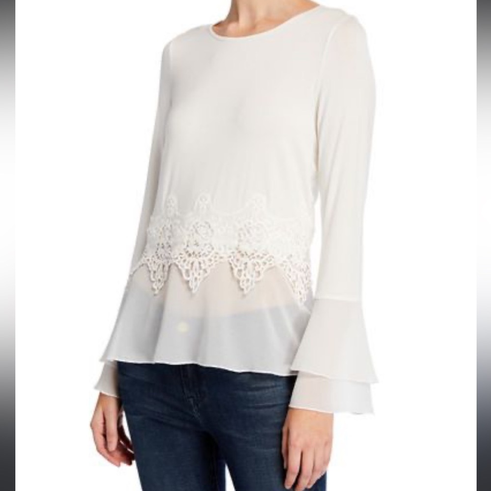 Neiman Marcus | Lace & Chiffon Bell Sleeve Twofer Top - Small